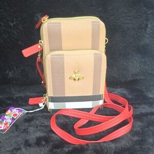 Compact Women’s Crossbody Bag with Gold Bee Accent in Brown and Red
